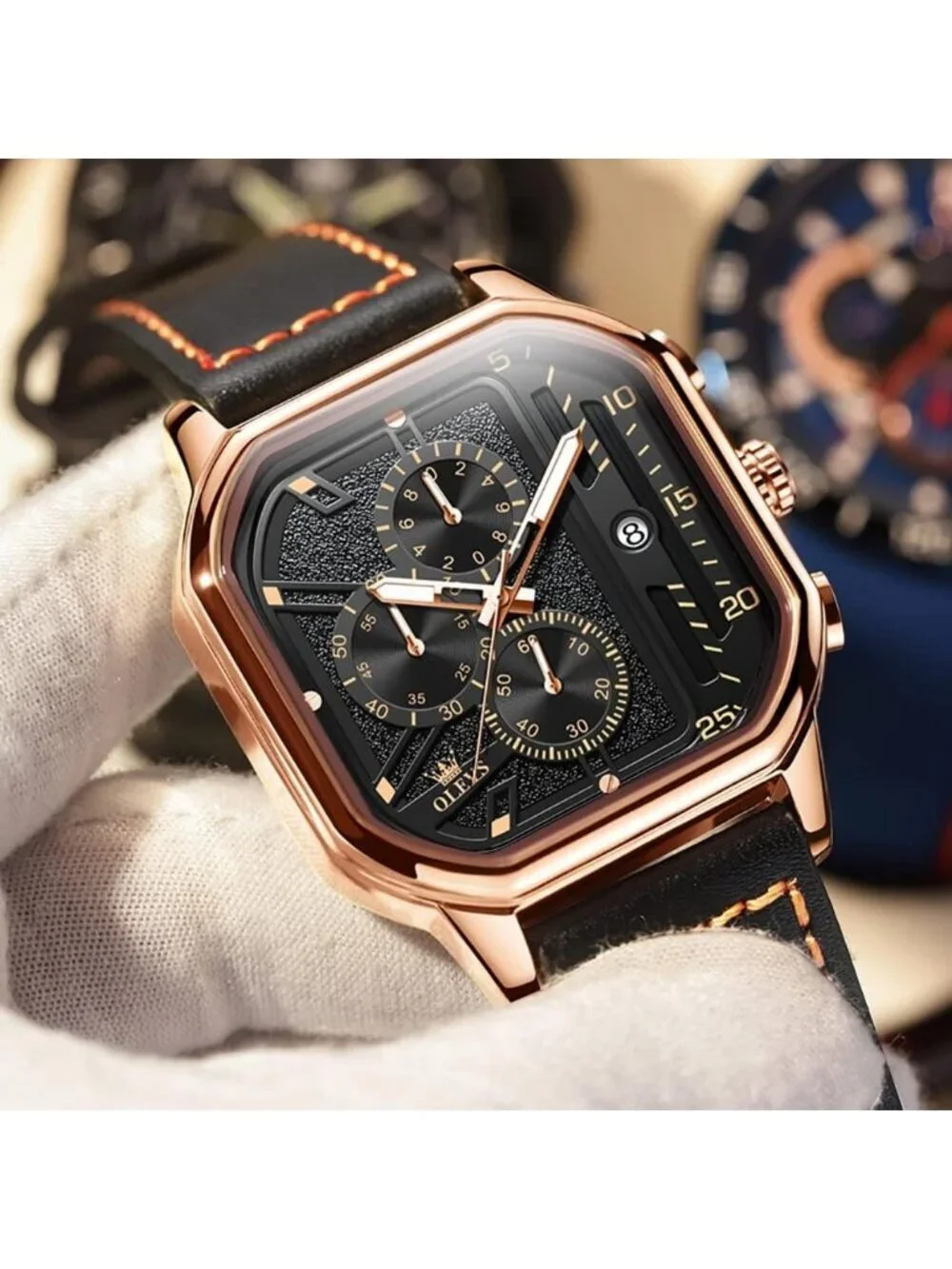 Men's Black Quartz Leather Strap Waterproof Casual Square Dial Date Wrist Watch